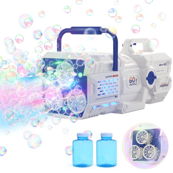 Bubble Gun, 60 Bubble Holes, Electric, Skirfy 2 in 1 How to Play, Bubble Bazooka, Super Large Amount, LED, Glowing, 2 Bottles, Leak-proof, Bubble Machine, USB Rechargeable, For Kids, Adults, Bazooka Cannon Shape, Atmosphere, Outdoor Play, Picnic, Wedding