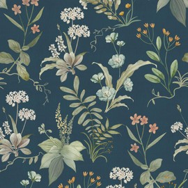 Aniboo Vintage Floral Wallpaper Peel and Stick Wallpaper Boho Contact Paper for Cabinets and Drawers Self Adhesive Removable Wallpaper Dark Botanical Wallpaper for Bedroom Bathroom Navy 17.3"x78.7"