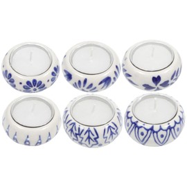 ALPHA Living HOME - Ceramic Tealight Holder Set of 6 – Hand-Painted Blue & White Candle Holders with Wax Tealights – Decorative Votive for Home, Party, Wedding, Festive & Gift Decor