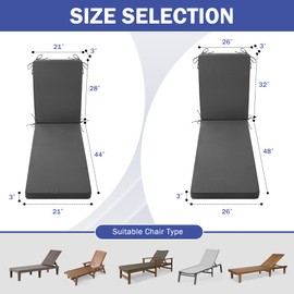 IPYNBAP Chaise Lounge Cushions Outdoor, Waterproof Lounge Chair Cushion, 72x 21x 3 Inch Outdoor Chair Cushions with Ties, High-Density Foam Patio Lounge Chair Pads for Lawn, Pool & Beach, Dark Grey