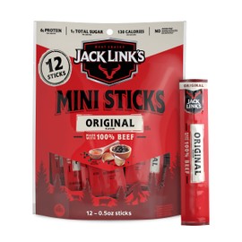 Jack Link's Mini 100% Beef Sticks, Original Flavor – 6g of Protein Snacks, 65 Calories per Stick, On the Go Snacking, Keto & Paleo Snack, Carnivore Diet Ready, Individually Wrapped, 0.5 Oz. (12 Count)