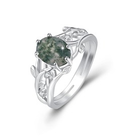 MOPOPOK Green Moss Agate Ring for Women S925 Sterling Silver Unique Wedding Ring Moss Agate Engagement Ring Promise Moss Agate Ring Jewelry Thanksgiving Anniversary #9, Sterling Silver, Cubic Zirconia