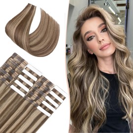 Benehair Tape in Human Hair Extensions, 16 inch Straight Invisible Tape Extensions Remy Blonde Hair Extensions 10pcs 20g Medium Brown Mix Dark Blonde 4p27
