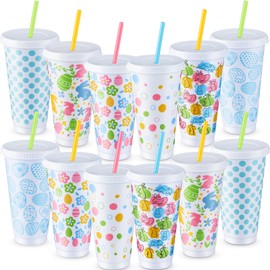 Funnymoom 12 Sets Easter Plastic Cups with Lids and Straws 24 oz Easter Egg Bunny Cups Colorful Reusable Cups for Easter Spring Party Drinkware Supplies