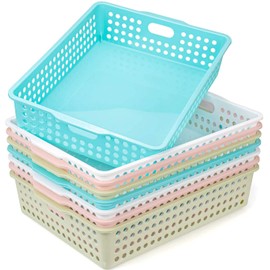 Lawei 8 Pack Plastic Storage Baskets - Colorful Paper Organizer Baskets Plastic Shelf Bins with Handles, Classroom Office File Holder for Home Office School
