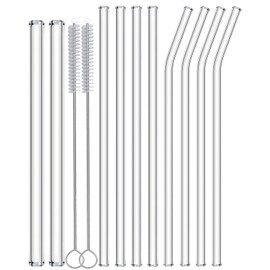 NAFENDER Glass Straws 12-Pack Reusable Drinking Straws 4 Bent Straws & 4 Straight Straws & 2 Wider Smoothie Straws with 2 Cleaning Brushes