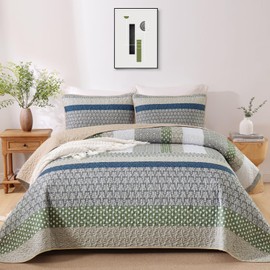 WONGS BEDDING Boho Quilt King Size, Bohemian Stripe Quilt Sets 3 Pieces Khaki Green Quilted Bedspread Set Lightweight Microfiber Coverlet Bedding Set All Season (104"x90")