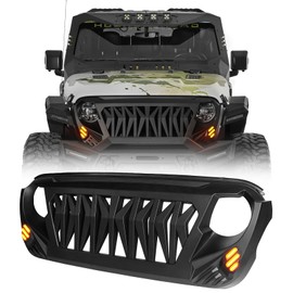 Hooke Road JL Grill Matte Black Replacement Front Shark Grille w/LED Lights Compatible with 2018-2025 Jeep Wrangler JL & Gladiator JT
