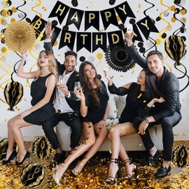Birthday Decoration Black Gold, Reusable Decoration Set for Women, Girls, Men, Boys