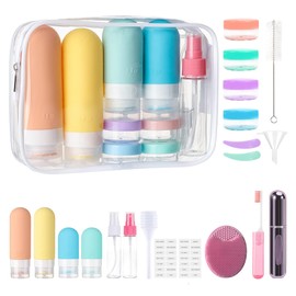 FLOVAZO Kit de Viaje de Aseo Personal, Set de 20 Piezas, Botellas Aprobadas por Aeropuerto para Loción, Champú, Acondicionador y Gel de Ducha, a Prueba de Fugas, Colores Variados