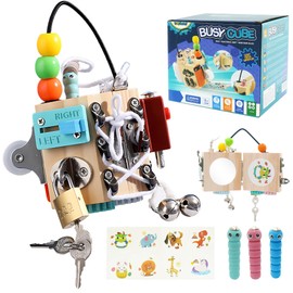 NUKied Busy Cube for Kids 15-in-1 Sensory Busy Board Travel Toy Handmade Montessori Educational Learning Toys Activity Board Wooden Activity Cubes for Toddlers 1 2 3 Years Old