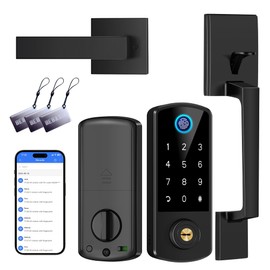 Keyless Entry Door Deadbolt with Handle Set, BEBASIA Fingerprint APP Smart Door Lock, Digital Keypad Bluetooth Deadbolt Lockset with Auto Lock Code Fob Black