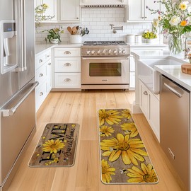 Artoid Mode Wood Bee Sunflower Daisy Home Spring Kitchen Mats Set of 2, Summer Home Decor Low-Profile Kitchen Rugs for Floor - 17x29 and 17x47 Inch