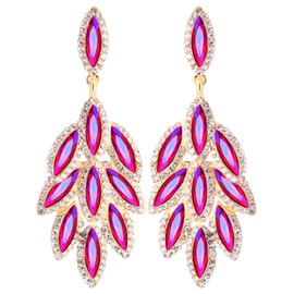 Leaf Crystal Dangle Earrings for Women Jewelry (Hot Pink-14K Gold)
