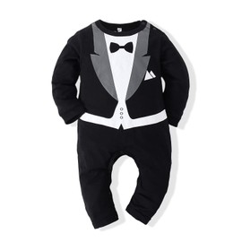 Baby Boy Romper Tuxedo Jumpsuit Gentleman One-Piece Button-Down Bowtie Wedding Suit Bodysuit