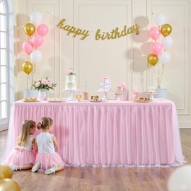Party Village 204inch Extra-Long Pink Table Skirt with Table Clips & Magic Tape - Fits 6ft Rectangle Tables, Wrinkle-Free Tulle Fabric for Kids Birthday Baby Shower(No Top Cover)