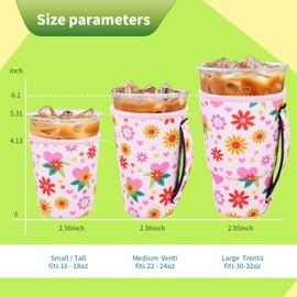 3 Pack Iced Coffee sleeve Insulated Neoprene Cup Sleeves with handle For Cold Drinks Beverages, Reusable Cup Holder for 16oz-32oz Coffee Cups (Heart floral)