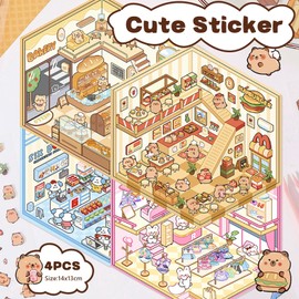 Yeomju DIY 3D House Sticker Set, Creative Sticker Set for Miniature Homes, 4 Decorative Scenery Stickers for DIY Projects and Crafts