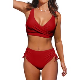 Beachsissi Women's Cross Back Swimsuits, Leopard, Twist Front, Swimwear, Drawstring, Side Bikini Sets, red