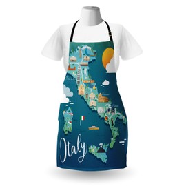 Ambesonne Italy Apron, Map with Touristic Attractions and Cursive Calligraphy, Unisex Kitchen Bib with Adjustable Neck for Cooking Gardening, Adult Size, Teal Blue