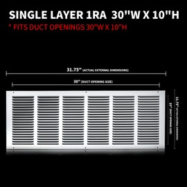 30x10 Return Air Grille(Duct Opening Size),Air Return Vent Cover,Flat Vent Cover,Rejillas De Aire Acondicionado Para Casa,Return Air Grilles,Outer Dimensions:31.75"Wx11.75"H(30"W x 10"H, Duct Opening)