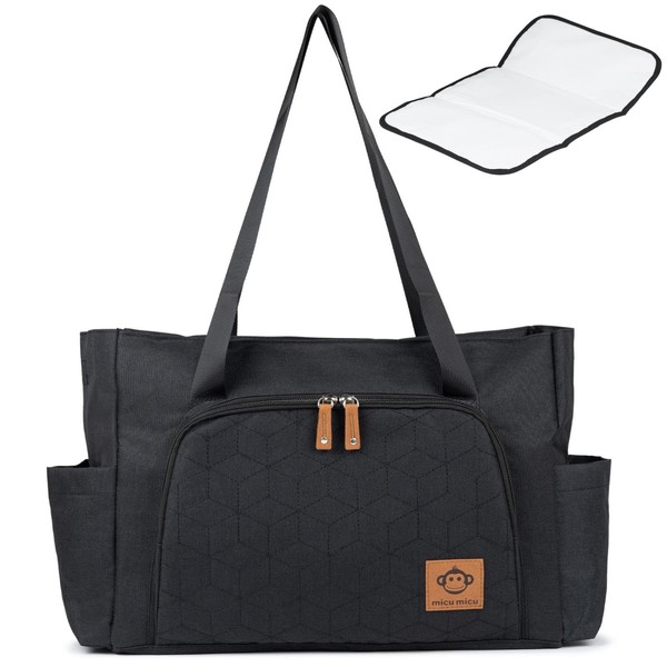 Micu Micu Baby Changing Bags, Pram Bag with Portable Baby Changing Mat, Nappy Changing Bags, Hospital Bag for Mum, Large Capacity, Waterproof Fabric (Black)