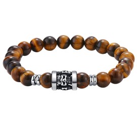 Flongo Men's Bracelet Rosary with Skull Pendant Bead Bracelet Tiger's Eye Stone with Stainless Steel 8 mm / 10 mm Men's Bracelet Yellow Black, Stainless Steel