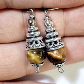 XKBYL 10mm Natural Yellow Tiger-Eye Quartz Stone Bead Drop Earrings,Retro Silver Real Genuine Crystal Gemstone Boho Bohemian Dangle Earrings Jewelry Gift for Women (A06_Tiger-Eye Quartz)