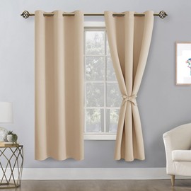 Hiasan Blackout Curtains for Bedroom, 38 x 63 Inches Length - Thermal Insulated & Energy Saving Window Curtains for Living Room, 2 Drape Panels Sewn with Tiebacks, Beige