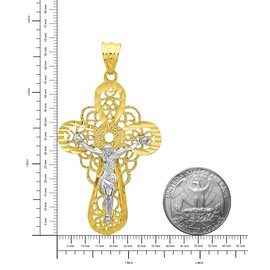 Two-Tone 14k Gold Plated 37mm x 5.6 cm Filigree Celtic Crucifix Pendant + Microfiber Cloth