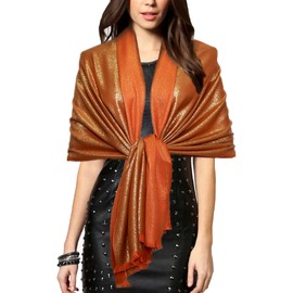 Gragengs Women's Sparkling Metallic Pashmina Shawls and Wraps Long Party Scarf Solid Color Two Tone,Orange/Gold