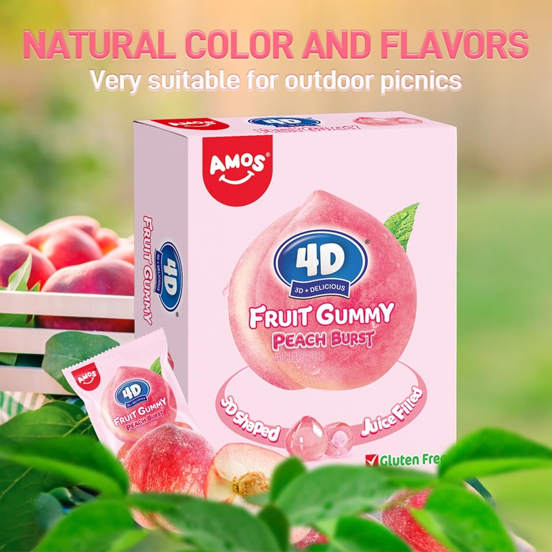 AMOS 4D Fruit Gummy Candy, Peach Burst, 8.47 oz Box