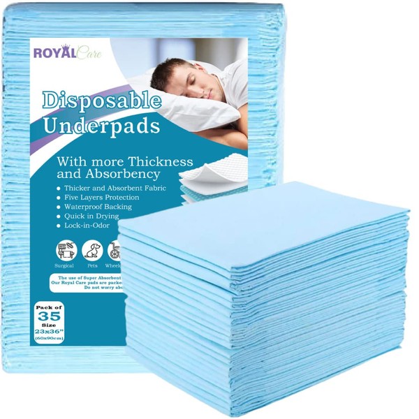 Royal Care Disposable Incontinence Bed Pads - Chucks Pads for Adults - 5 Layer Waterproof Pee Pads for Men, Women, Kids - Baby Changing Pads - Quick Dry Underpads for Pets (23 X 36, Pack of 35)