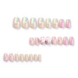 24 Pcs Cute Oval Press on Nails Easter Fake Nails Flower False Nails Easter Bunny Design Stick on Nails Full Cover Glossy Fake Nails Artificial Acrylic False Nails for Women Girls Nail Decoration