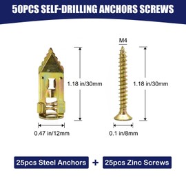 Maozaa 50 pcs Self-Drilling Drywall Anchors with Screws, 0.47x1.18 Inch Zinc Plated Steel Drywall Wall Anchors and Screws Kit Heavy Duty, Easy Application No Drill or Holes in Wall
