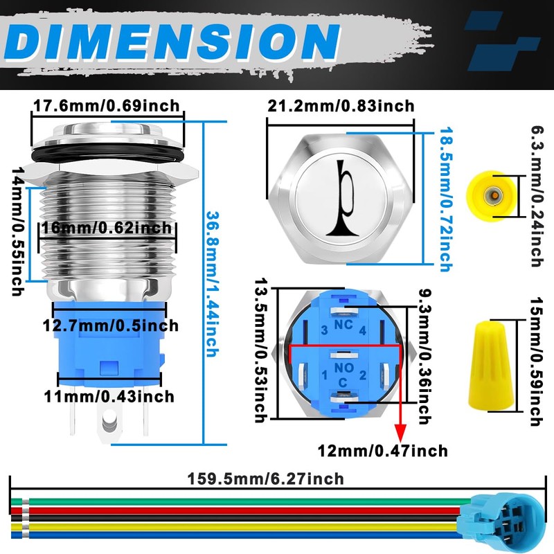 MKBKLLJY 2PCS 16MM Horn Switch Raised Speaker Horn Momentary Push