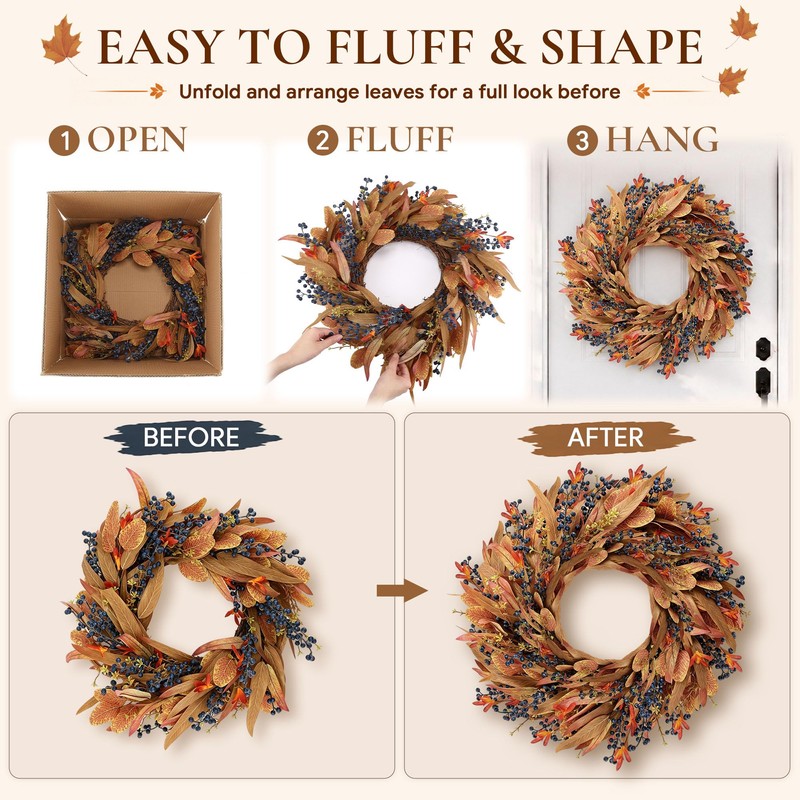 24" Fall Wreaths for Front Door, Fall Wreaths with Eucalyptus