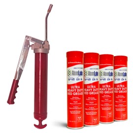 AtomLube Ultra Heavy Duty Red Grease Cartridge 4 pk with Professional Lever-Action Grease Gun | Waterproof Lubricant & High Temp Grease for Metal Surfaces | Wheel Bearing Grease for Semi Truck Accessories