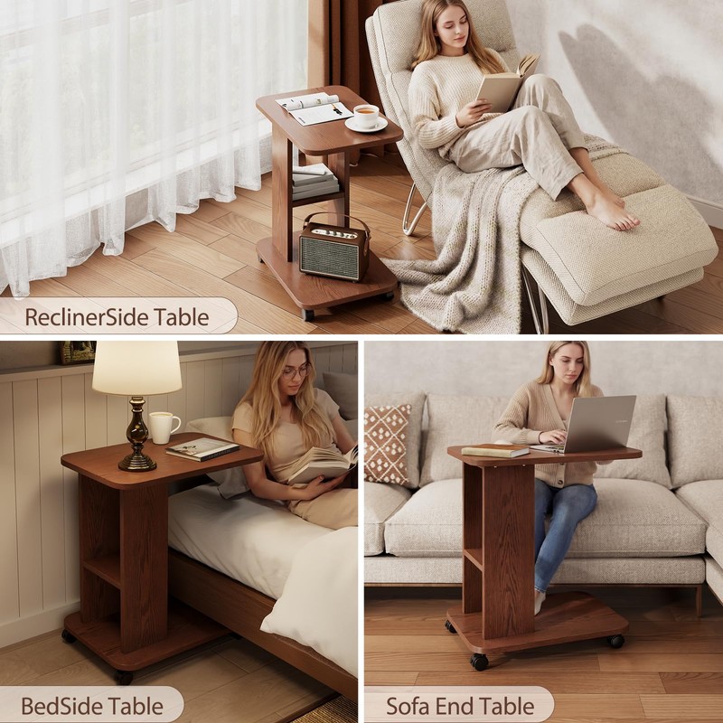 YQJJGL 3-Tier C-Shaped End Table with Storage and 2 Locking
