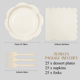 75 PCS Ivory Paper Plates and Napkins Party Supplies, Cream Scalloped Plates Napkins Forks Disposable Tableware Set for Bridal Baby Shower Wedding Birthday Party Decorations (Ivory)