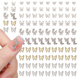 SILPECWEE 100pcs Butterfly Nail Charms 3D Gold Silver Butterflies for Nails Alloy Nail Art Charms Hollow Nail Studs Nail Jewels Nail Decoration for Acrylic Nails