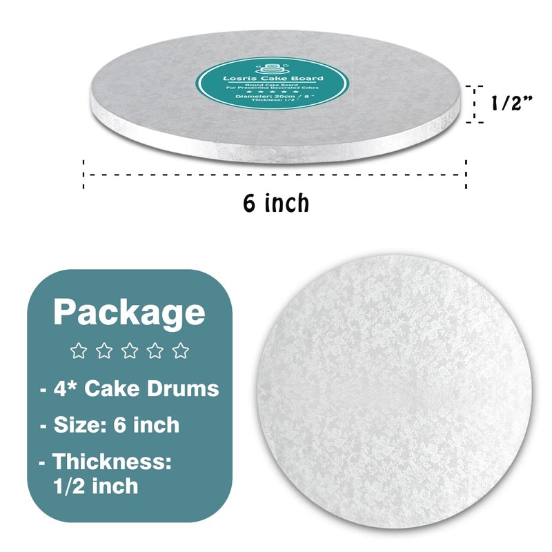 Silver Cake Drum Round 6 Inch Cake Boards with 1/2-Inch