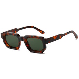 JCTAIFOO Trendy Rectangle Sunglasses Men Women Vintage Rectangular Retro Square Glasses, Leopard/Dark Green