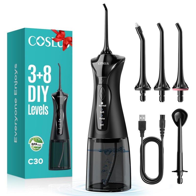 COSLUS C30 Irrigador Bucal Portátil, Brackets y Encías Sensibles, Negro