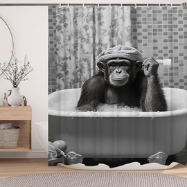 LKFBSC Funny Monkey Black Shower Curtain, Black and White Fun Animal in Bathtub Shower Curtain Set, 72x72inches Humorous Bathroom Shower Curtain, Gray Bathroom Curtain with Shower Hooks