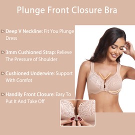 HACI Women's Front Closure Bra Underwire Unpadded Plus Size Full Coverage T-Shirt(Beige,38D)