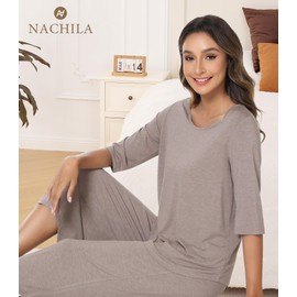 NACHILA Pajamas for Women-Viscose Made from Bamboo, 3/4 Sleeve Sleepwear with Capri Pants Pajama Set Cool Pjs Soft Loungewear Camel Large
