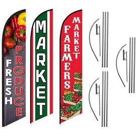 Fresh Produce Market Farmers Market Restaurant Advertising Feather Flag Kits Package, Includes 3 Banner Flags, 3 Flag Poles, and 3 Ground Stakes