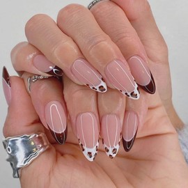 YoYoee 24-Piece Short Almond Press on Nails - French Leopard Print False Nails | Cute Nude Fake Nails for Women Elegant & Durable Artificial Nails for Instant Manicure