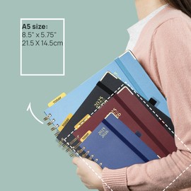POPRUN Academic Diary 2025-2026 A5 Day to Page Spiral Hardcover Mid Year Daily Diary (Aug'25 - Jul'26) A Day per Page with Monthly Tabs 25/26 Planner (Haze Blue)